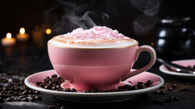 A side view of a pink cappuccino in a black cup Ceated with Generative AI