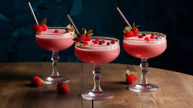 Side view of pink cocktails decorated with berries in a glass on the table