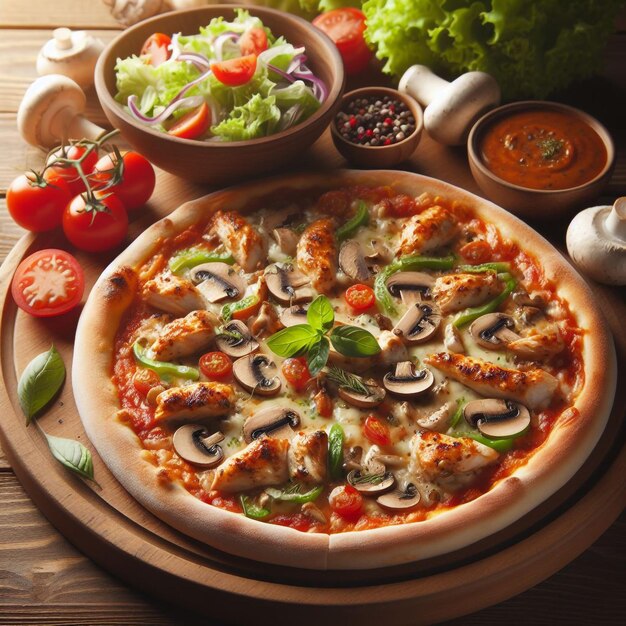 Side view of pizza with chicken and mushrooms served with sauce and vegetables salad on wooden plate