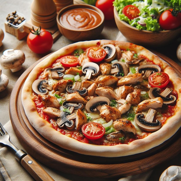 Side view of pizza with chicken and mushrooms served with sauce and vegetables salad on wooden plate