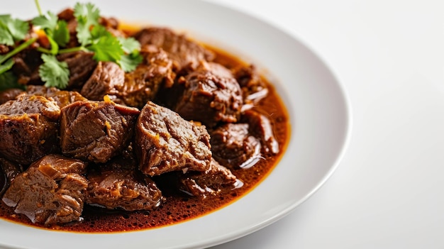Side view of a plate of Beef Rendang against a white backdrop