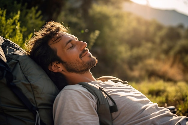 Side view portrait of a backpacker relaxing lying on the grass in nature