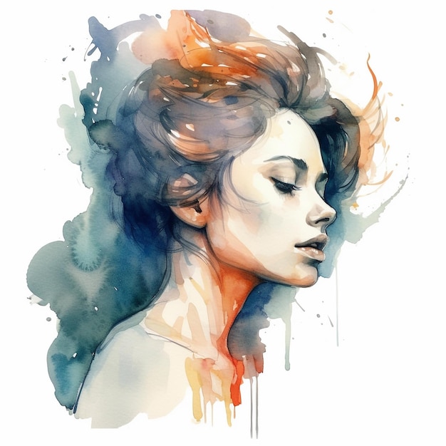 Side view portrait of a beautiful woman in watercolor Generative AI