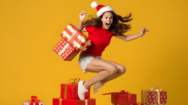 Side view portrait of extremely joyous brunette woman in santa