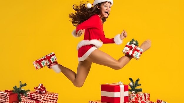 Side view portrait of extremely joyous brunette woman in santa