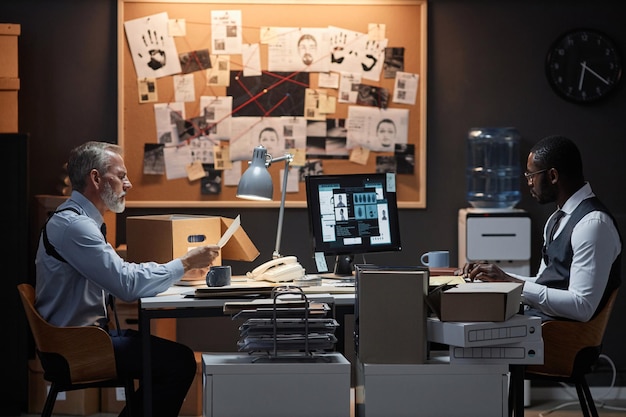 Side view portrait of two police detectives sitting at desk in office on opposite sides studying case investigation