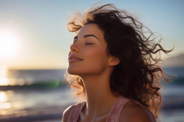 Side view portrait of a woman relaxing breathing fresh air on the beach