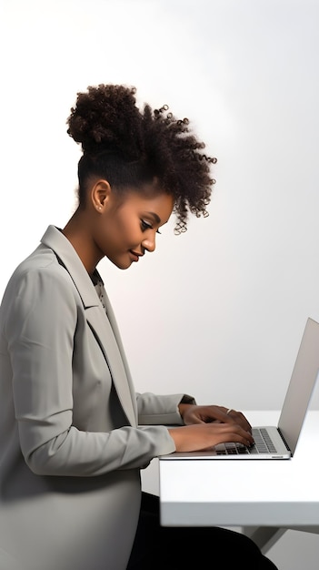 Photo side view portrait of a young black female working with her laptop on a white background