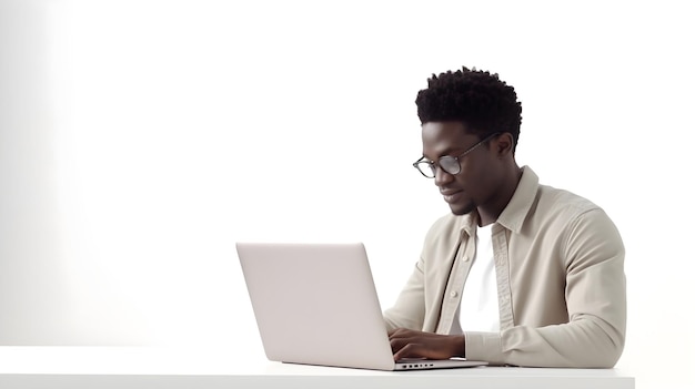 Side view portrait of a young black male working with his laptop on a white background