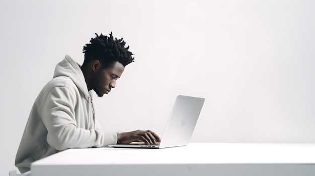 Side view portrait of a young black male working with his laptop on a white background