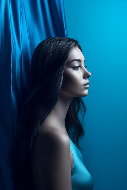 ブルー スタジオ背景生成 AI の若い官能的な女性の側面図の肖像画