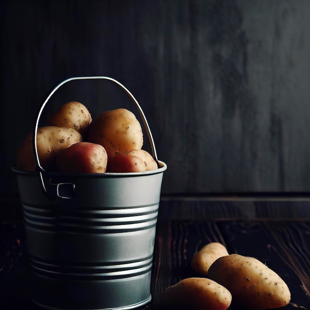 Foto veduta laterale di patate in secchio grigio su sfondo di legno scuro orizzontale