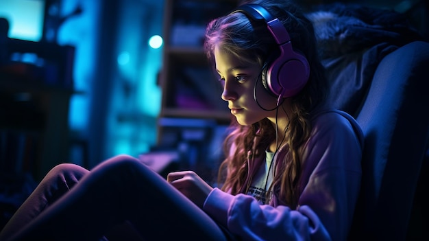 Side view of a pretty young woman that is indoors at night in headphones