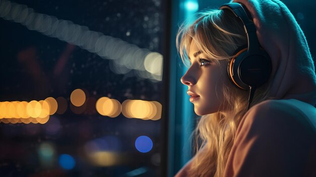 Side view of a pretty young woman that is indoors at night in headphones