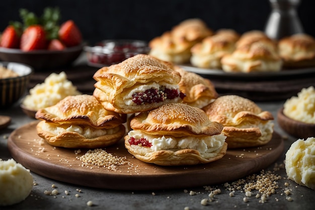 Side view puff pastries met gemalen vlees sesamzaden en shortcakes gevuld met aardappelpuree op de tafel