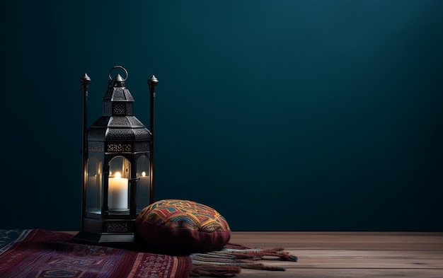 Side view of Ramadan lantern with prayer rug in dark floor lanterns in isolated background