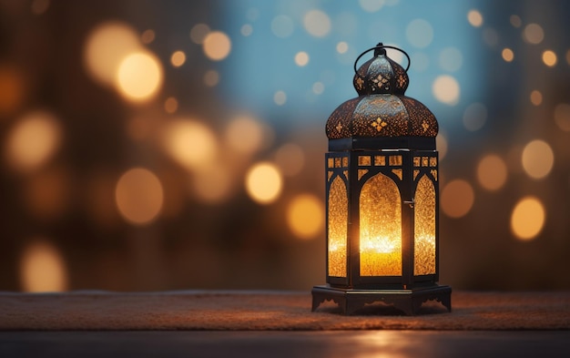 Side view of ramadan lantern with side empty space with fuzzy bright lights in the background