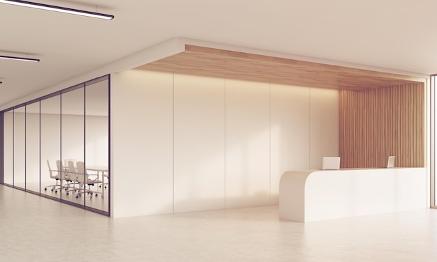 Side view of reception desk and meeting room in sunlit corridor