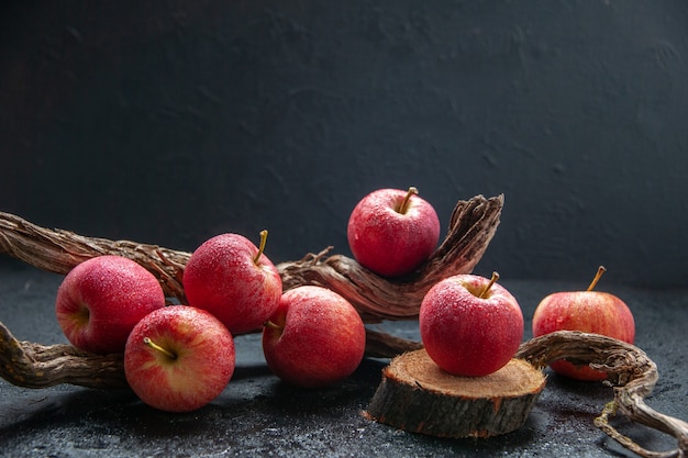 Side view of red fresh apples and tree branches on dark wave background