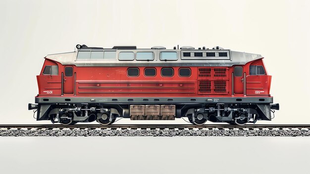 Photo side view of a red and gray diesel locomotive on a track the background is white and the train is in focus
