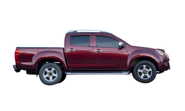 Side view of red pickup truck isolated on white background with clipping path