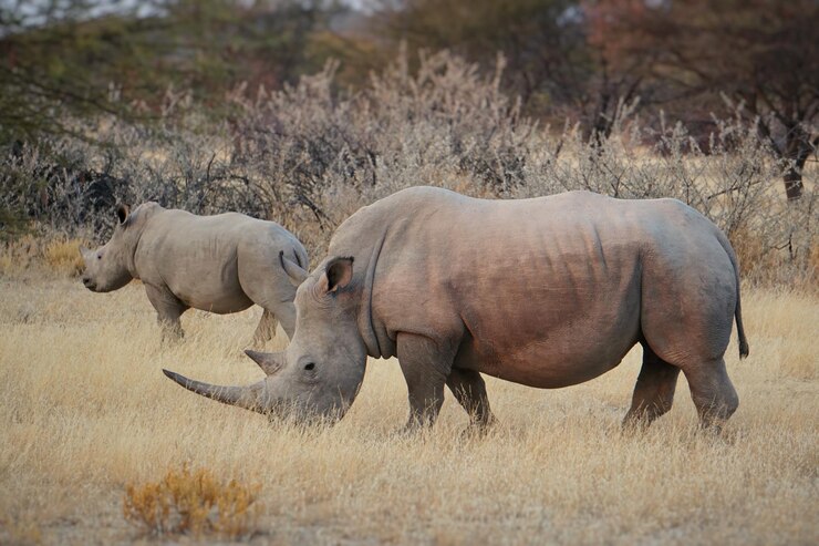 Photo side view of rhinoceros walking on grassy field against trees in forest