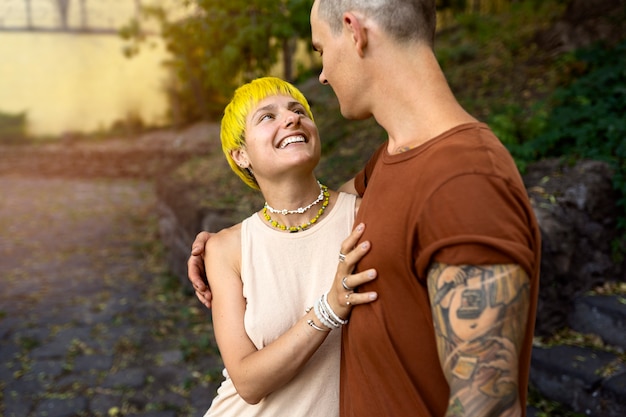 side view romantic people outdoors