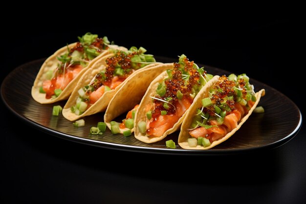 Side view of salmon tacos with red caviar and green onion on a plate