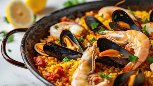 Side view of a Seafood and Chorizo Paella against a white backdrop