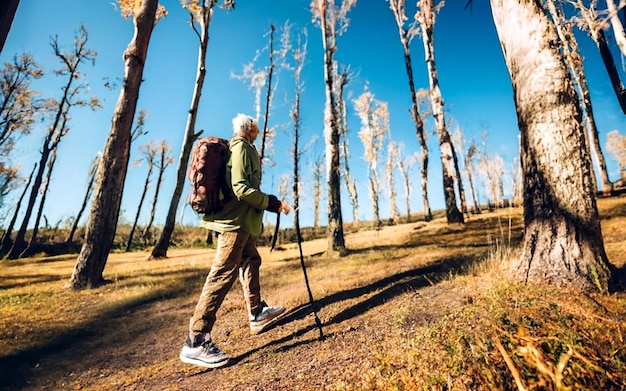 Side view of senior male in warm clothes with a rucksack and trekking AI_Generated