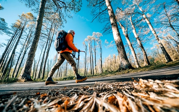 Side view of senior male in warm clothes with a rucksack and trekking AI_Generated