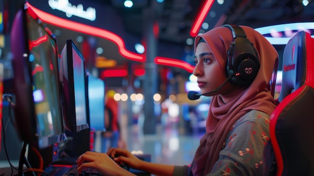 Side view of a serious and focused qatari girl gamer in gaming room during a esports event