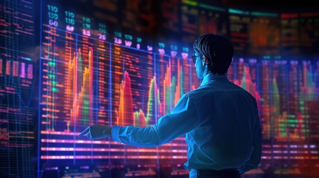 Side view of serious young businessman in the office with financial chart on monitor Generative ai