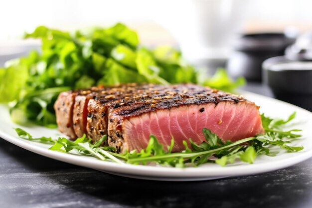 Side view of a sesamecrusted tuna steak on a plate with fresh herbs