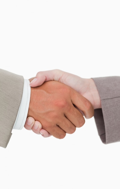 Side view of shaking hands closing a deal