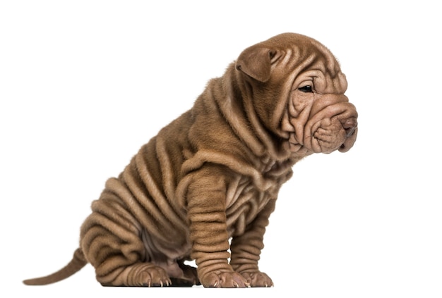 Side view of a Shar Pei puppy sitting isolated on white