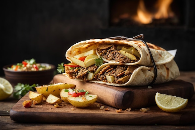 side view shawarma with fried potatoes in board cookware