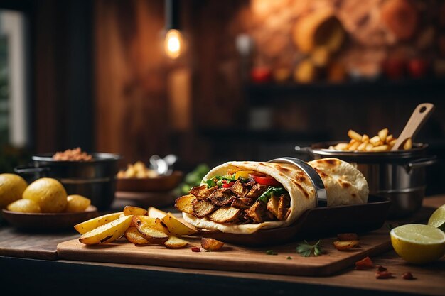 side view shawarma with fried potatoes in board cookware