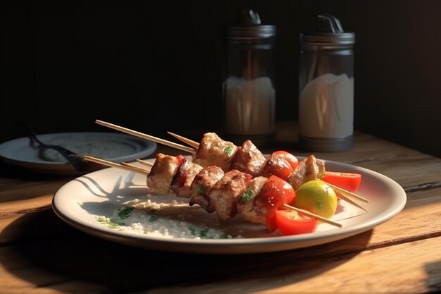 side view shish kebab on skewers with flame