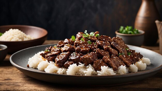 Photo a side view shot of mongolian beef served on a weathered wooden table and highlight the perfectly se