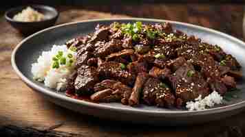 Photo a side view shot of mongolian beef served on a weathered wooden table and highlight the perfectly se