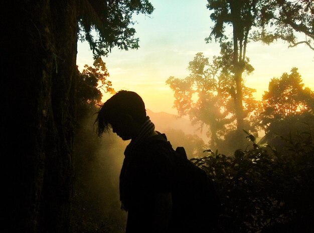 Foto vista laterale di un uomo in silhouette in piedi accanto a un albero contro il cielo durante il tramonto