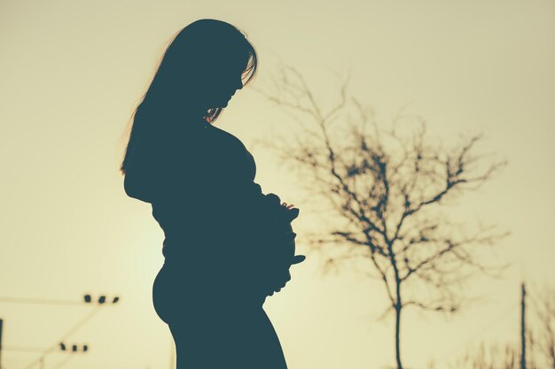 Photo side view of silhouette pregnant woman standing against sky during sunset