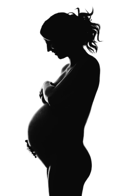 Photo side view of silhouette woman covering breasts while hand on back against white background