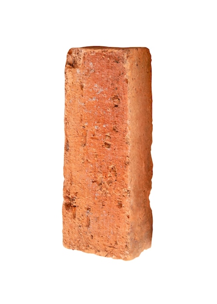 Side view of single cracked old red or orange brick isolated on white background with clipping path