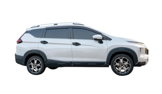 side view of single white suv car isolated on white backgroud with clipping path