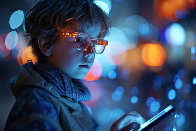 Photo side view of smart boy child using smartphone at night outdoors