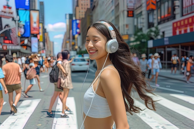 Боковой вид на улыбку молодой азиатской девушки с наушниками, идущей по городской улице