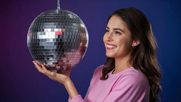 Side view smiley girl with disco ball