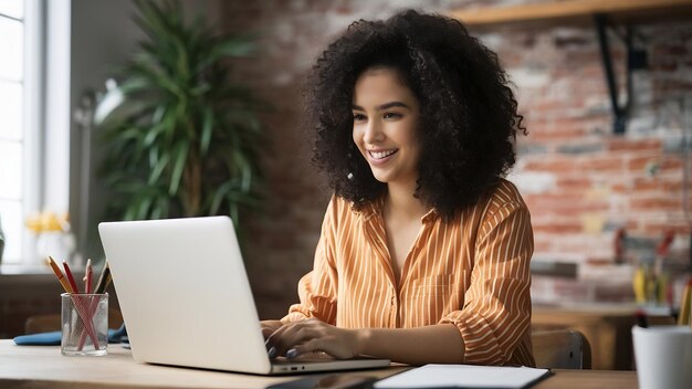 뷰 미소 짓는 여성이 노트북에서 일하고 있습니다.